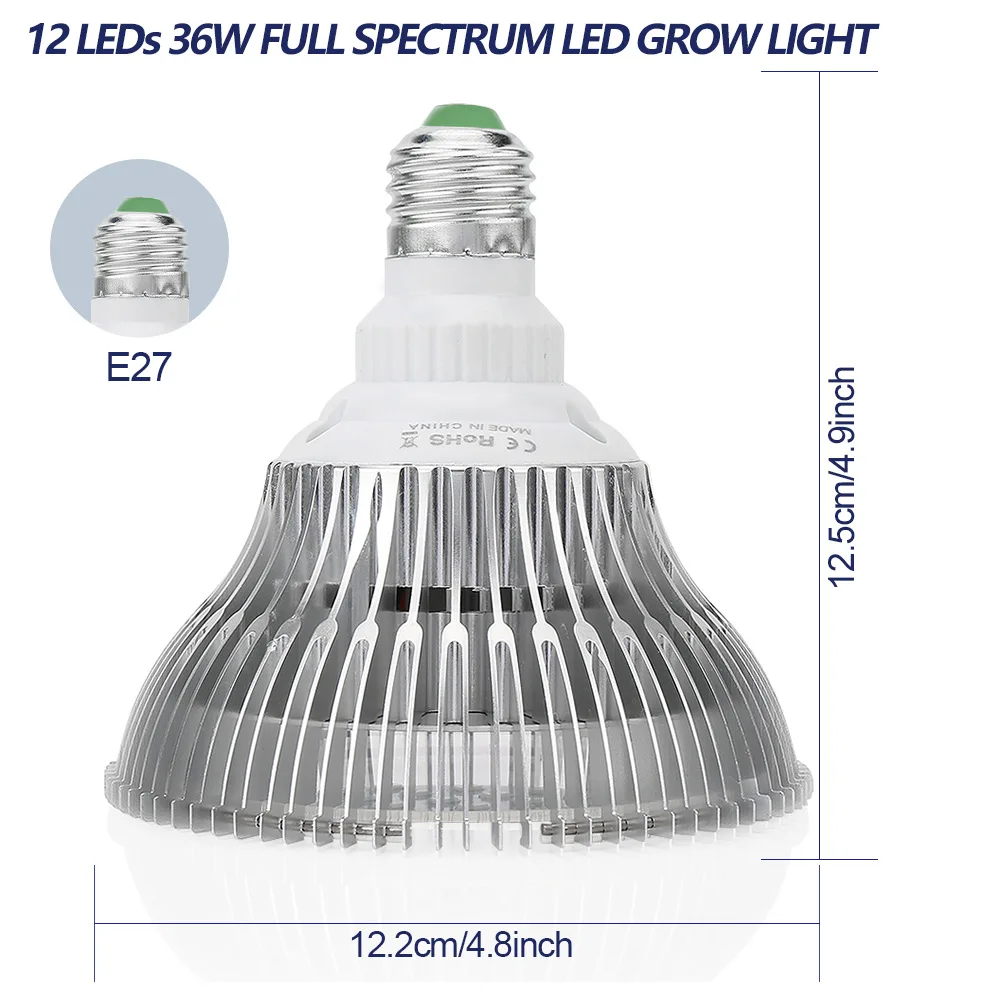 E27 36 Вт Светодиодный светильник для выращивания растений, полный спектр, фитолампа для гидропоники, красный синий УФ ИК Фито лампа для растений, цветов, саженцев