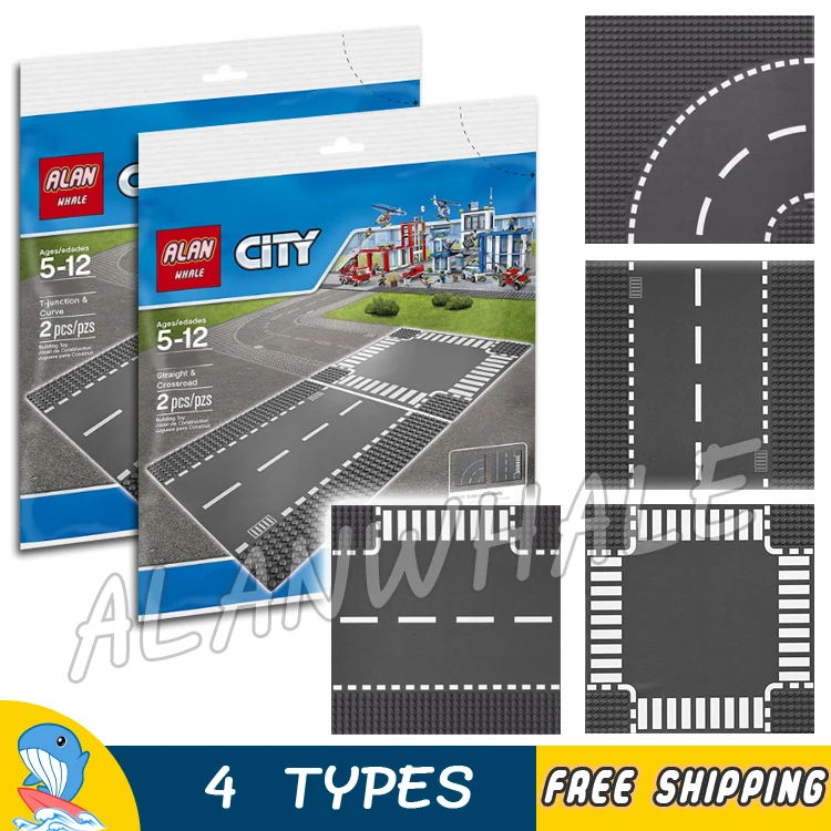 

4Types City Town Road Street Straight Crossroad T-Junction Curve Plate Model Building Blocks Toys Bricks Compatible with Lego