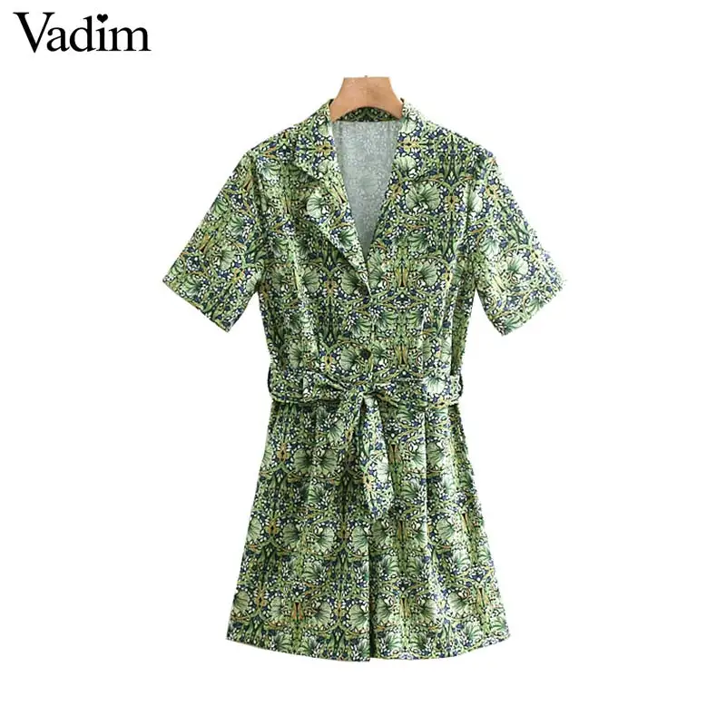 

Vadim women floral print playsuits bow tie sashes turn down collar pockets female casual rompers summer chic jumpsuits KA736