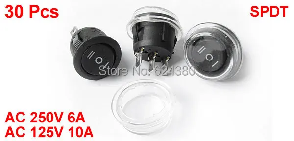 

1 Bag ( 30 Pcs) x AC 250V/6A 10A/125V SPDT 1P2T 1PDT SP2T On-off-ON Three 3 Position Round Boat Rocker Switch w Waterproof Cover