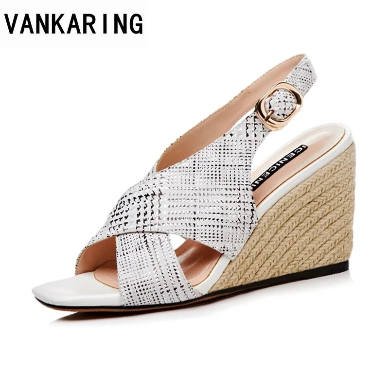 

VANKARING super women platform sandals summer shoes grace super high heels women wedges gingham shoes ladies office dress