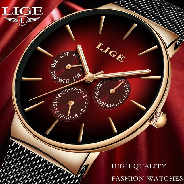 

LIGE Men Watches Top Brand Luxury Sport Watch Mesh Steel Date Week Waterproof Quartz Watch for Men Clock Relogio Masculino Gift