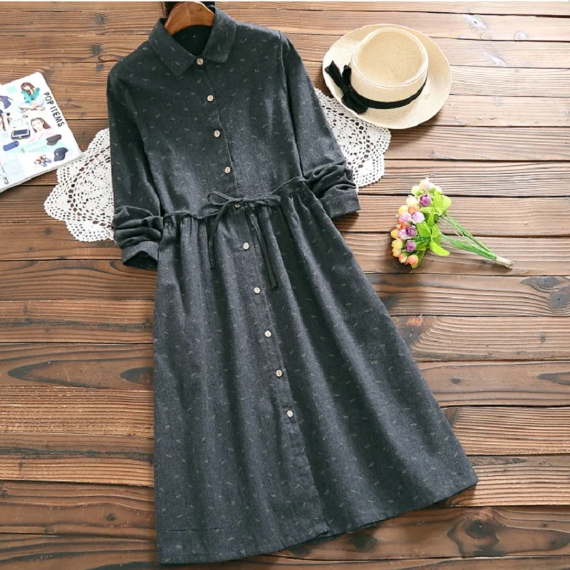 

Gorgeous Slim Winter Spring Retro Women Dress Turn Down Collar Print Elbise Vestidos De Festa Long Sleeve String A-Line Dresses