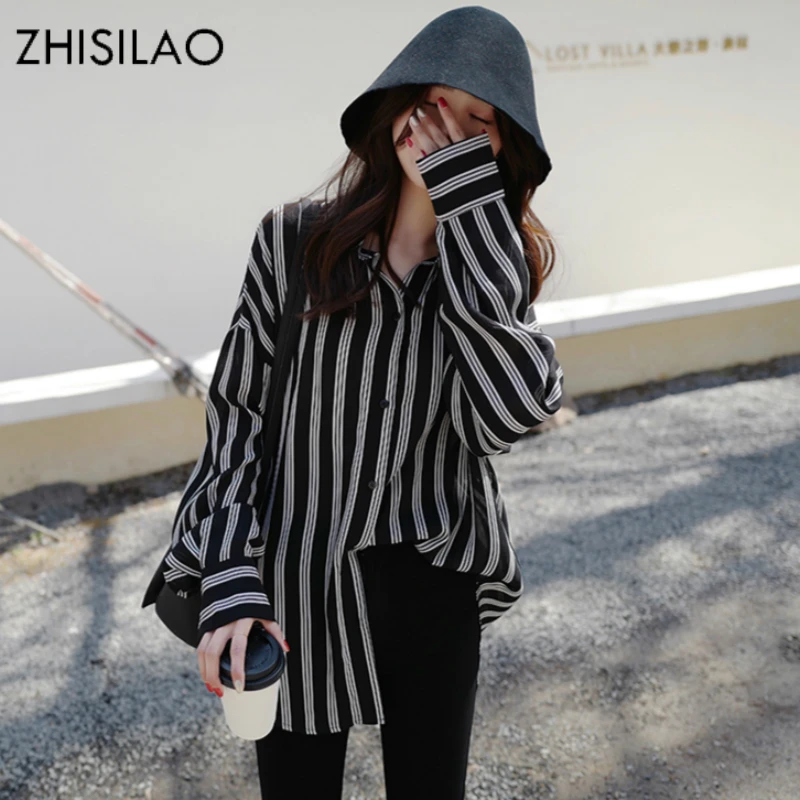 

ZHISILAO Chiffon Stripe Blouses Woman Long Plus Size Casual Shirts Blousas Maxi Vintage Blouse Chemisier Oversize Shirt Harajuku