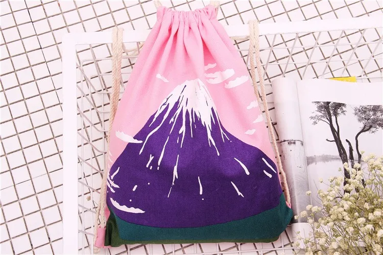 TANGIMP Mount Fuji Печать Drawstring рюкзаки для женщин девочек плеча холщовые пляжные сумки маленькие путешествия ведро хранения розовые сумки