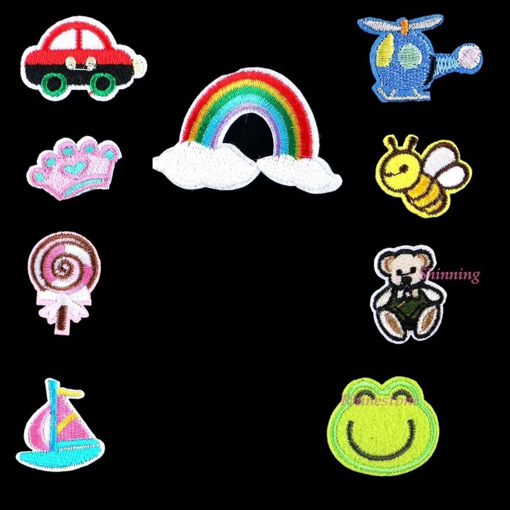 

5pcs/lot Iron On Embroidered Patch Cloth Sew On Motif Applique For Kids Garment Bag Rainbow Crown Bee Bear Car Frog Boat