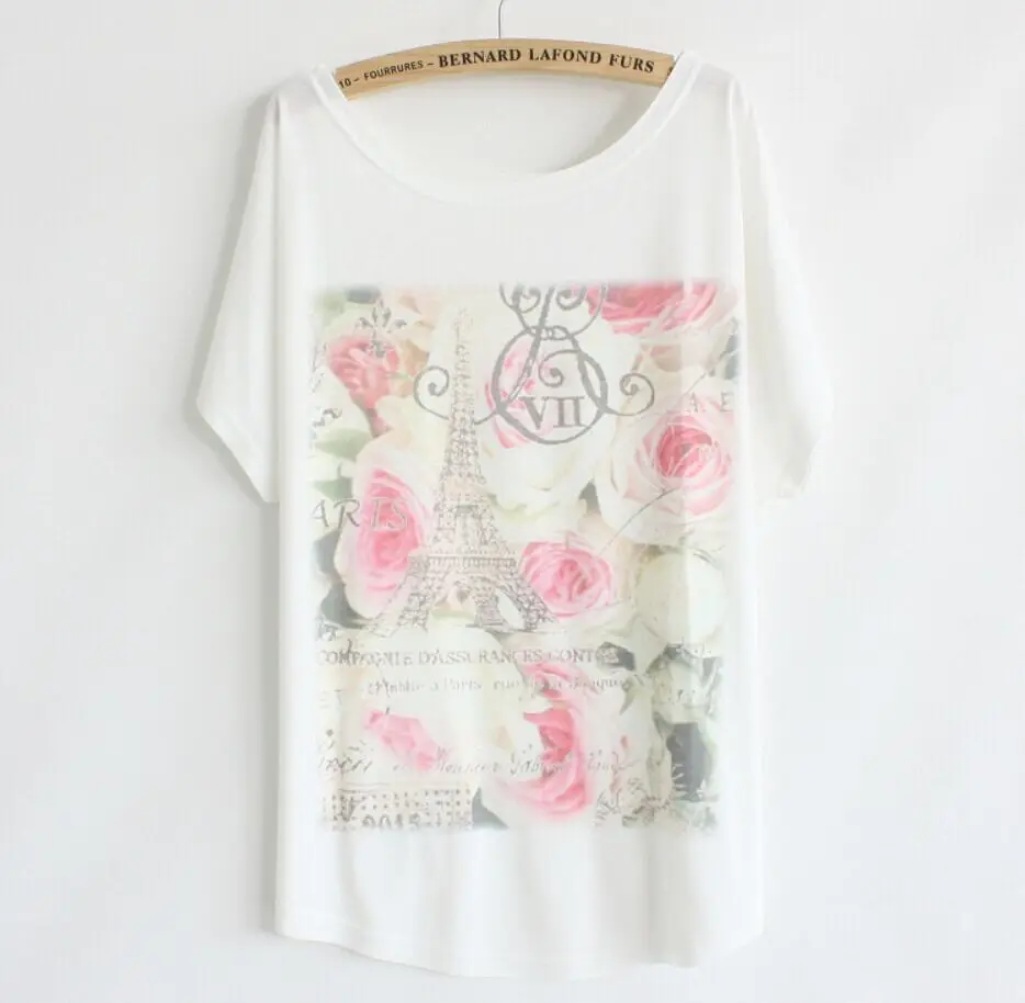 Hot Sale Big Size 21 Colors T Shirt Paris Women Floral Print Short Sleeve Tee Shirts with Roses Ladies Loose Summer Tops TS0130 | Женская