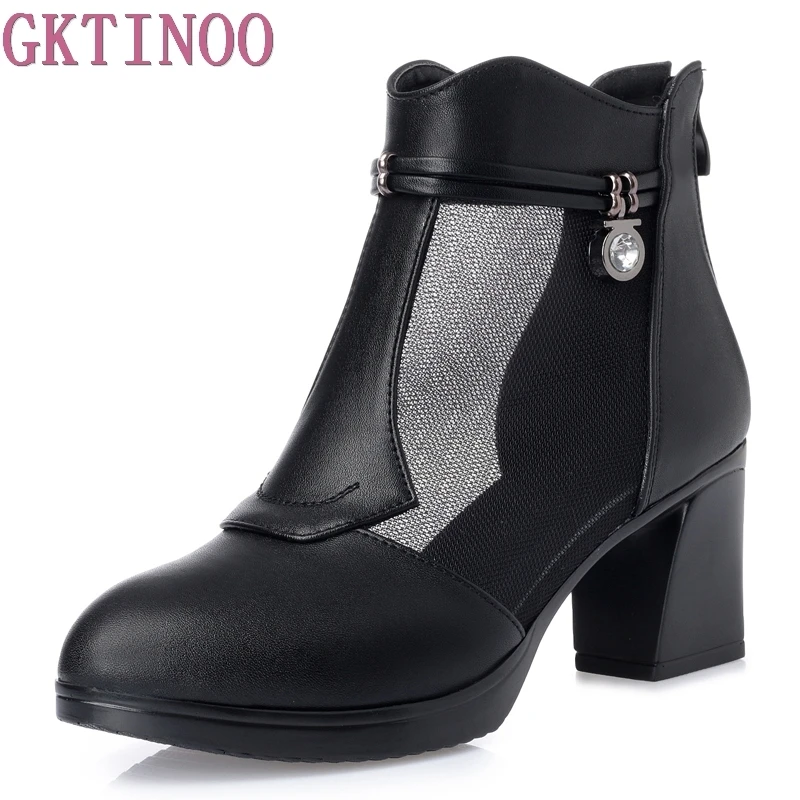 

GKTINOO 2018 Fashion Women's Spring Summer Open Toe Boots Casual Mesh Ankle Boots Thick High Heels Sandals Women Boots Big Size