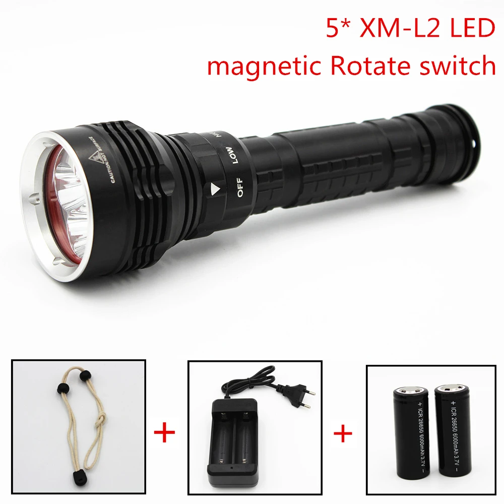 

Rechargeable Diving Flashlight 6000LM 5 * XM-L2 LED 3 Modes Light Torch Underwater 100M 18650 or 26650 Battery Charger