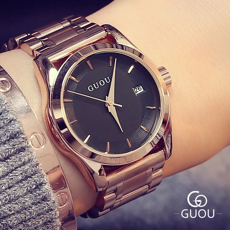 Goedkoop Hot Koop GUOU Luxe Volledige Rvs Rose Gold Hardlex Quartz Horloges Polshorloge Armband voor Vrouwen Dames 8055