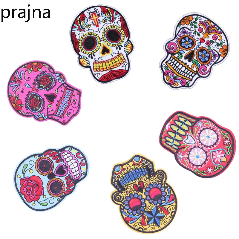 

Prajna Rose Flower Mexican Skull Patch Punk Rock Skeleton Iron On Biker Patches Anime Cheap Embroidered Patches For Clothes