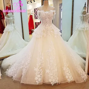 

AOLANES 2018 New Lace Appliques Sequins Tassel Ball Gown Wedding Dress Chapel Train Lace Up Beading Bridal Gown Custom Made