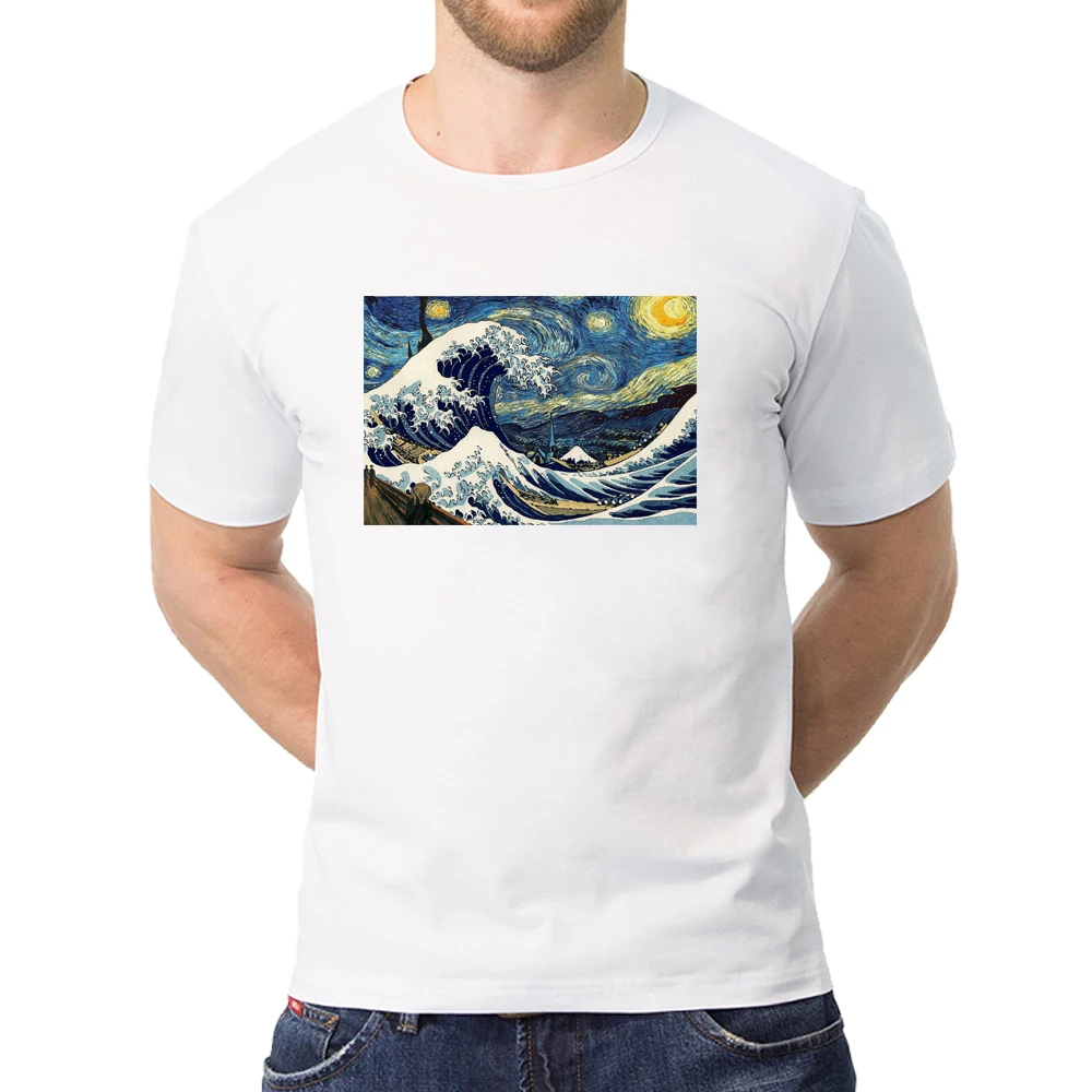 Мужская футболка с принтом "Great wave off kanagawa", Ретро стиль, короткий рукав, тонкие топы, звездная ночь, забавный мультфильм, Harajuku, Мужская футболка, S5MC69