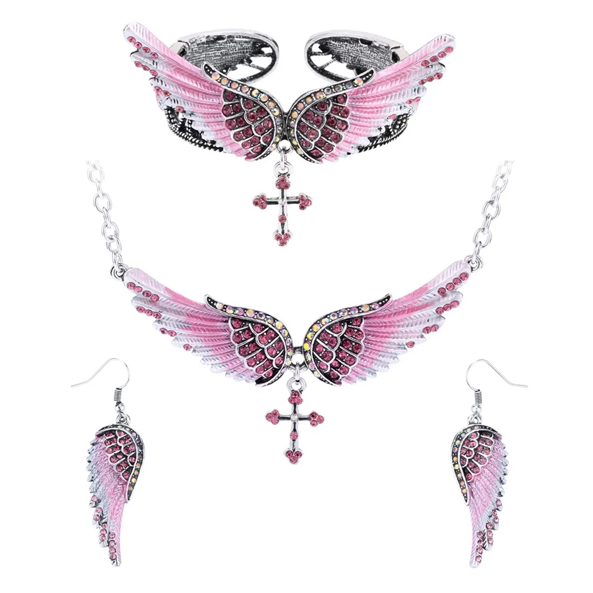Yacq Крыло ангела крест цепочки и ожерелья Серьги Браслет Набор для женщин Байкер ювелирные изделия подарки на день рождения ее мама, жена, девушка дропшиппинг - Окраска металла: pink