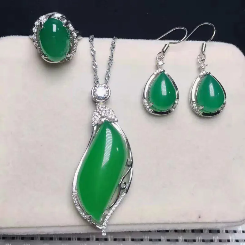 

2019 Women's Jewelry Sets Natural Green Pink Red Agate Necklace Pendant Chalcedony Earring S925 Sliver Rings Female's Jewelry