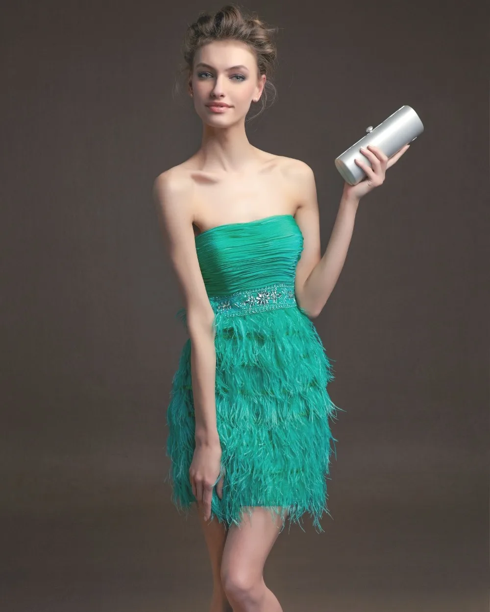 Sea Green chiffon pleat short Prom Dresses 2017 sashes Ostrich Feathers