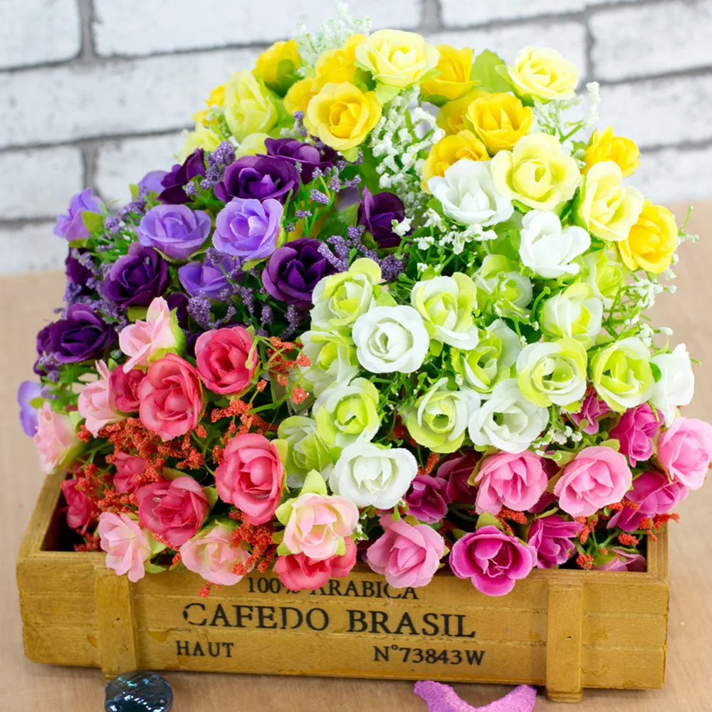 

7 Branches 21 Heads Colorful Artificial Plastic Rose Silk Flower Wedding Bride Small Roses Bouquet Office Home Party Decoration