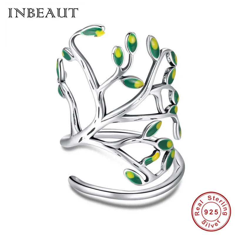 

INBEAUT 100% Real 925 Sterling Silver Tree Branch Leaf Ring Adjustable Plant Enamel Wedding Rings for Women New Arrival Jewelry