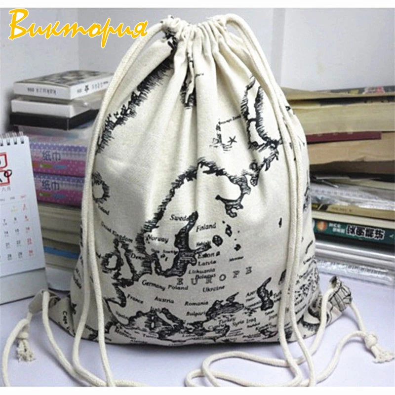 

Women Ultralight Cotton and linen Fabric Bag Comfortable and soft Simple Drawstring Backpack Student Book Bag World Map