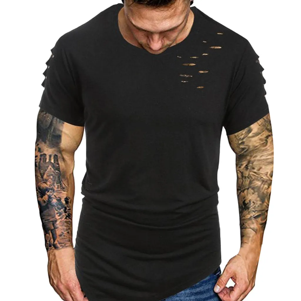 

2019 Summer Plus Size Men's T-Shirt Solid Short Sleeve Casual Male T-shirt O-Neck Hole Rivet Men Tee Shirts Tee Tops