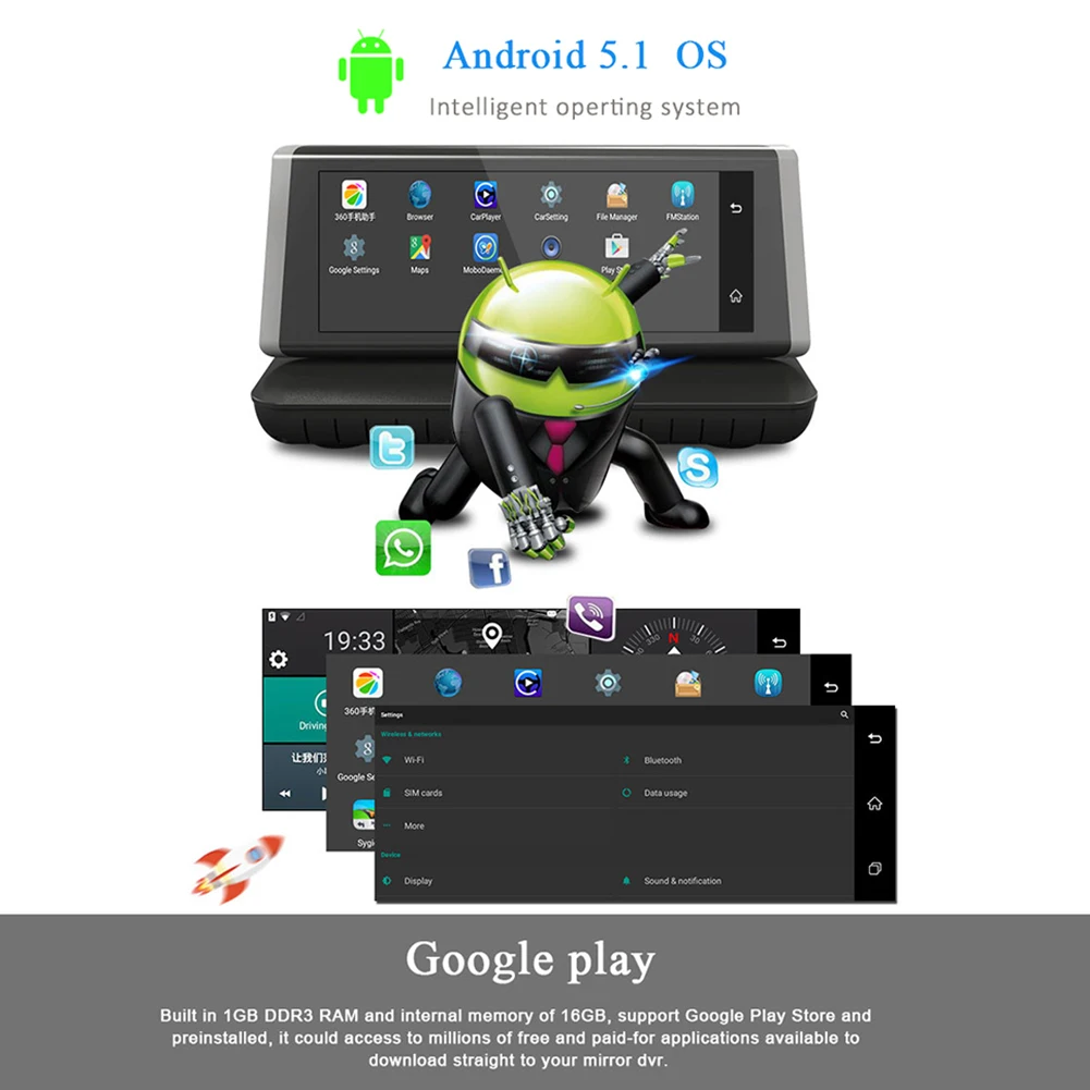 4G " автомобильный монитор Android 5,1 Автомобильный видеорегистратор Bluetooth Full HD 1080P сенсорный экран rom 16 Гб двойной объектив регистратор видеорегистратор WiFi ADAS LDWS