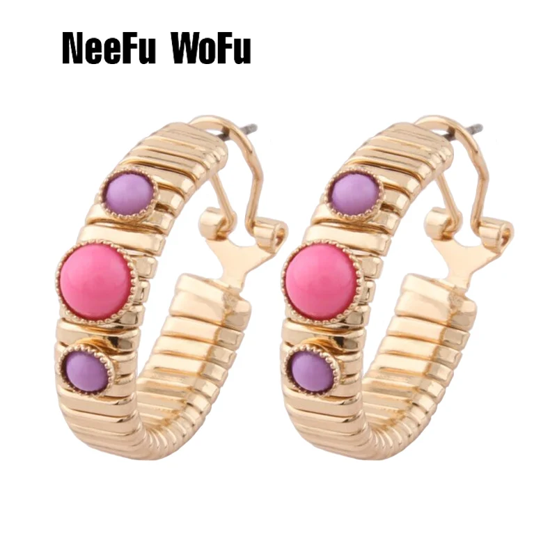 

NeeFu WoFu Hoop Earrings Spring Earring Metal Retro Stone Big Earring For Woman Large Long Brinco Ear Oorbellen Gift