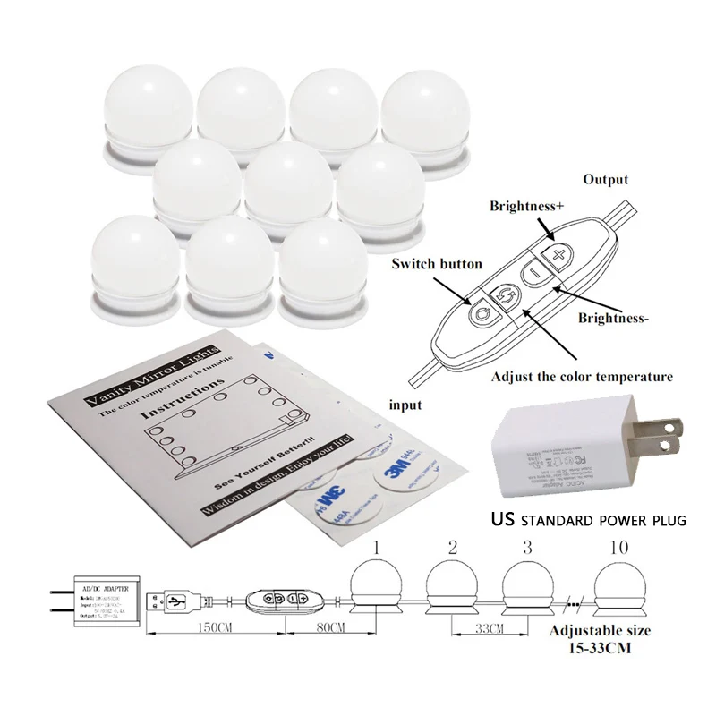 Лампы для туалетного столика голливудские зеркальные огни 10 светодиодный лампы 3 режима света и 10 Регулируемая лампы для макияжа зеркало/туалетный столик - Испускаемый цвет: 10 Bulbs and US