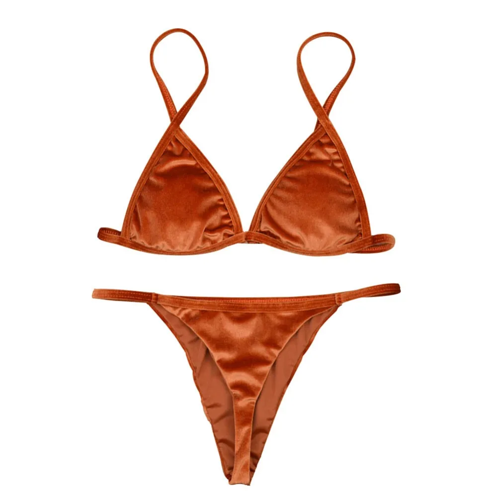 

Women Velvet Thong Bikinis Sets Green Red Orange Gold Swimwear Swimsuit Brazilian Beach Wear Bathing Suit Good Quality New 2018