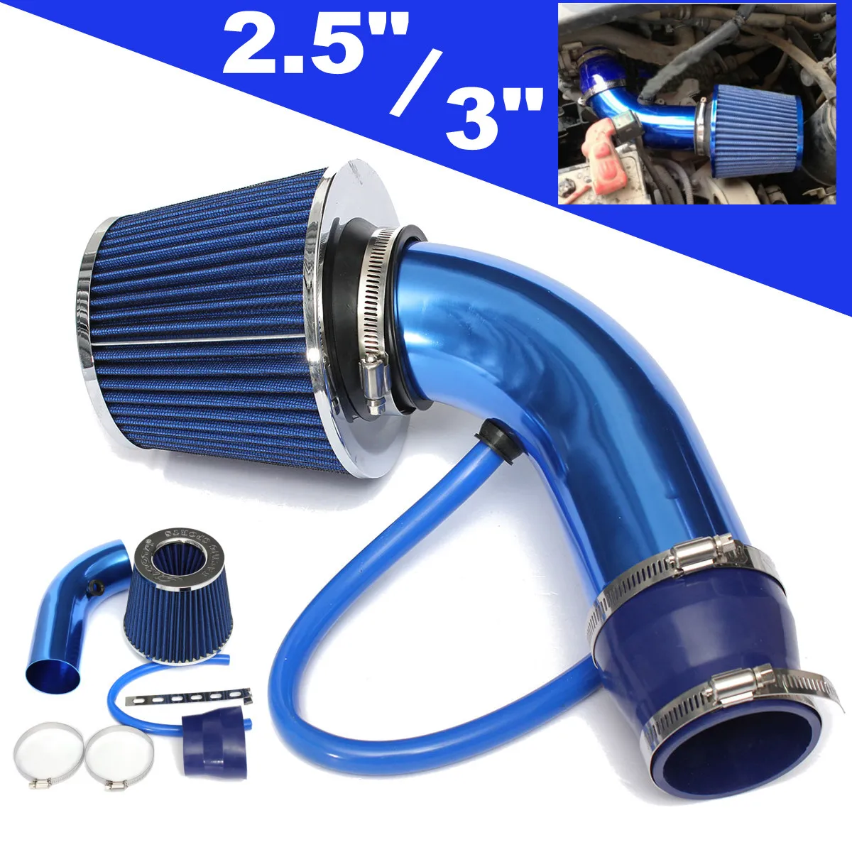 76mm 3inch Universal Car Aluminum Air Intake pipe kit+Air FILTER Duct
