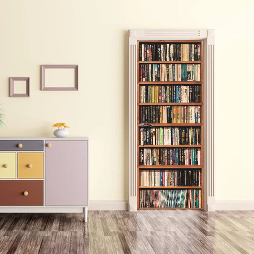 

Free shipping New Year Gift Removable DIY 3D Retro Bookshelf Print Door Sticker Wall Sticker Decal Corridor Decor,77cm 90cm