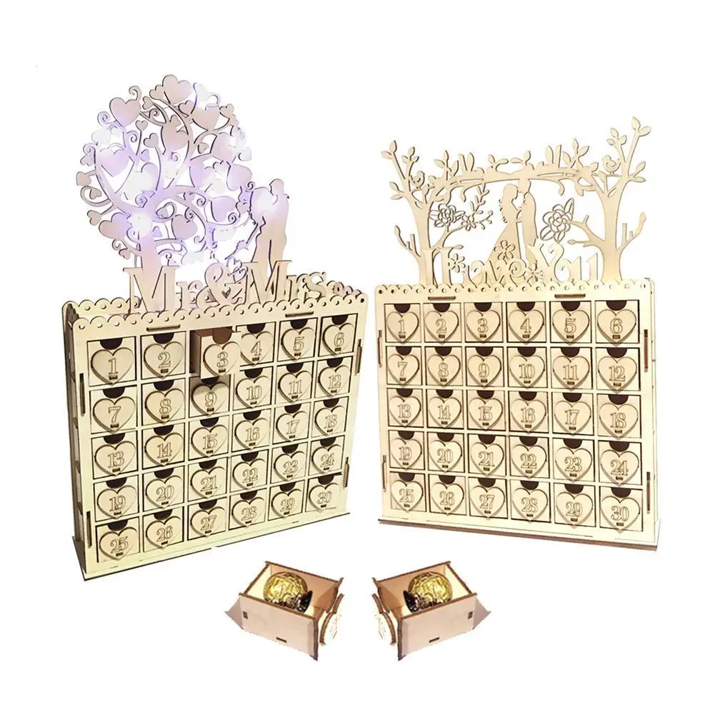  Wooden Bridal Mr&Mrs Advent Calendar 30 Days Countdown Wedding Countdown Table Wooden Decoration Or