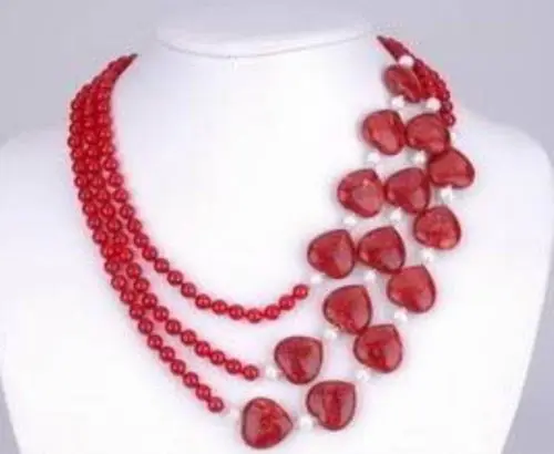 

Charming 3 Rows Red Heart White Pearl Necklace
