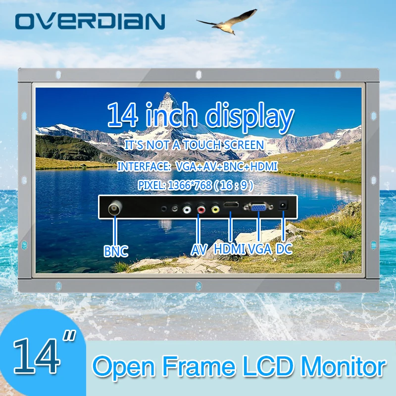 

14"Industrial Control Lcd Monitor VGA/HDMI/BNC/AV Interface White Open Frame Non-touch Screen Metal Shell 1366*768