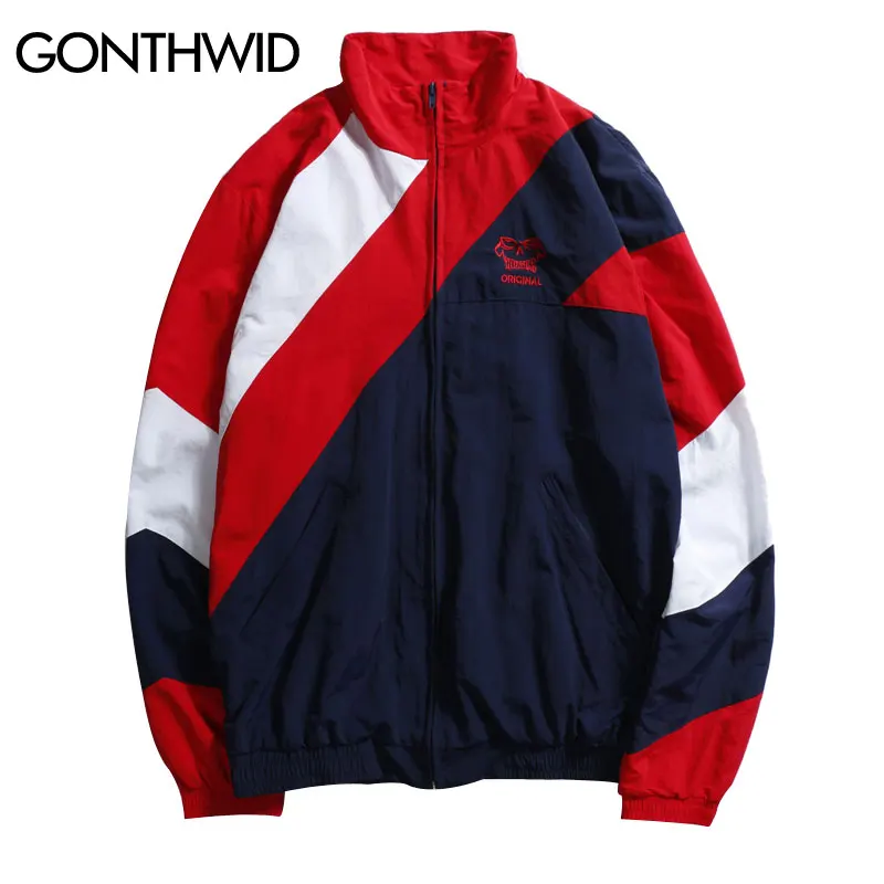 Gonthwid Vintage Color Block Zip Up Jackets Embroidery Logo Stand ...