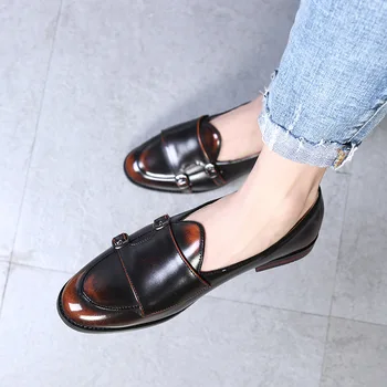 

M-anxiu Fashion Monk Strap Leather Shoes Men Plus Size British Style Loafer Casual Flat Shoes for Party Club 2020 New