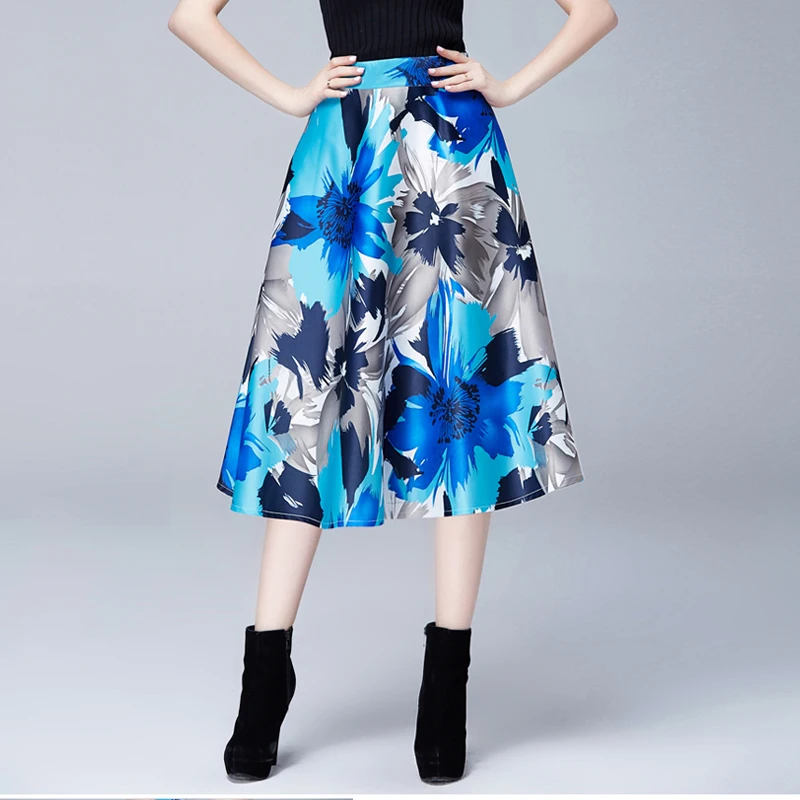 red Grande Verano Longitud Floral Nueva Línea red Flower Primavera Rodilla Black blue Falda black green blue Una Cintura Alta Moda White Oscilación De Impresión Black Femenina wIZBI