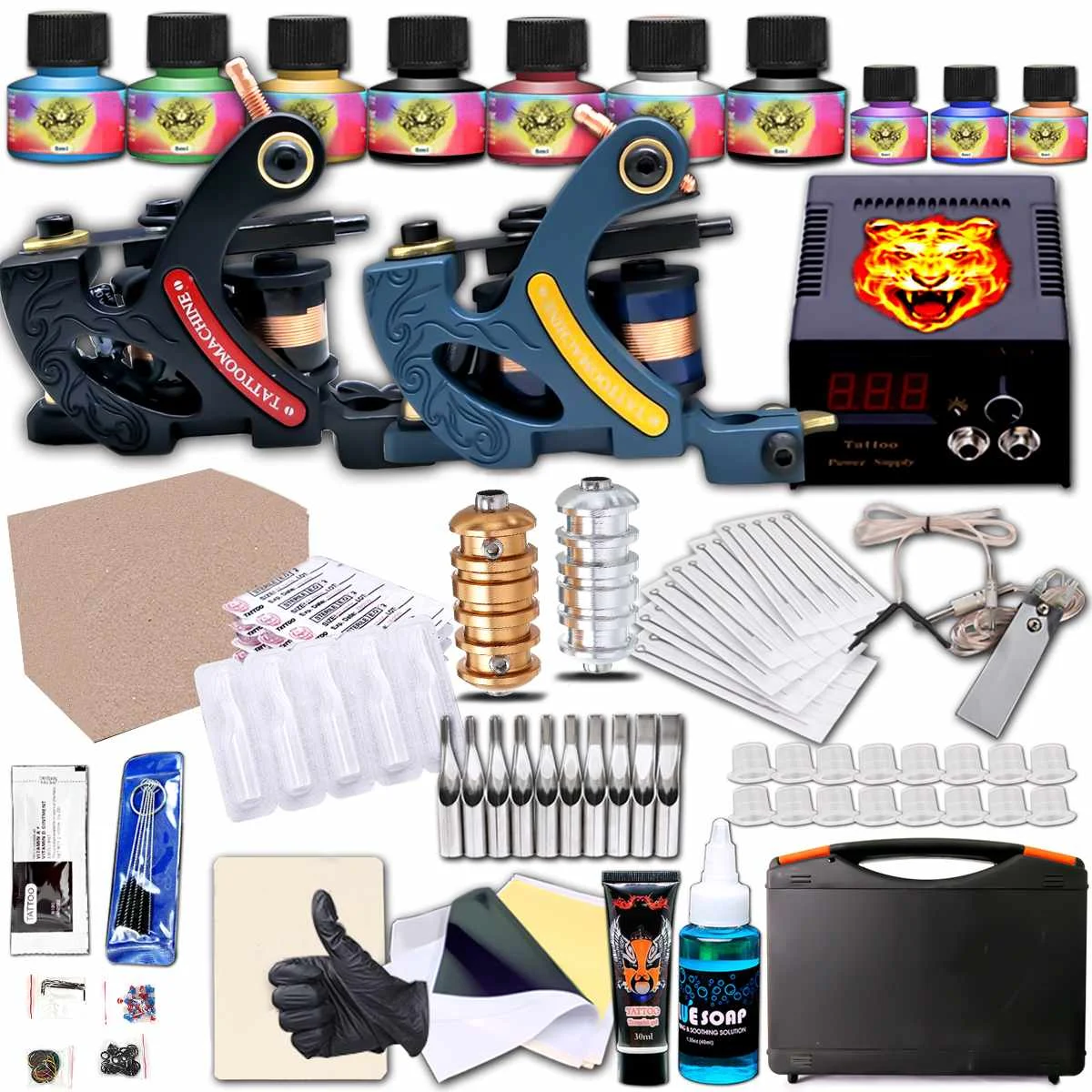 Complete Tattoo Kit 2 Machines Guns Ink Set Power Supply Grips Body Art Tools Set Permanent Makeup Tattoo set