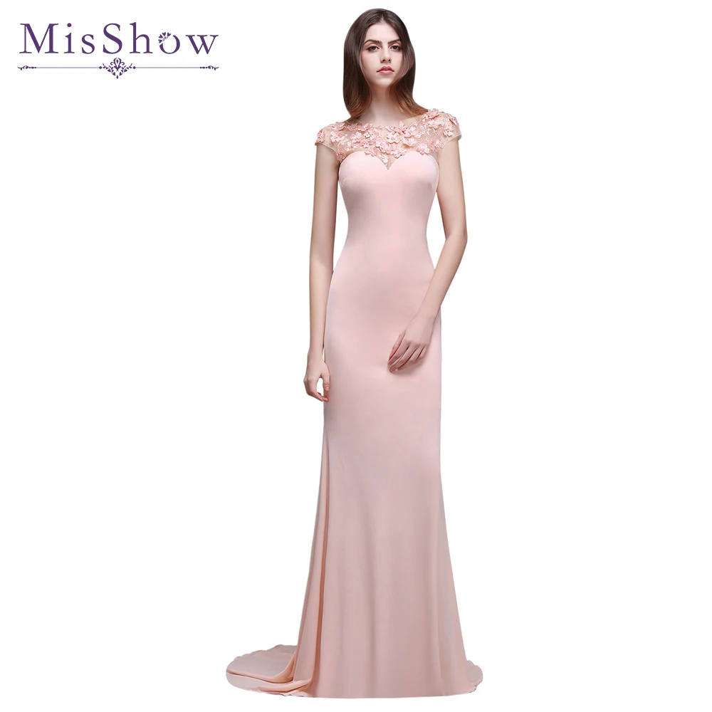 

2017 Appliques Pink Crystal Sexy Long Evening Dresses Cap Sleeve Mermaid Evening Party Dress Gowns robe de soiree
