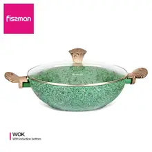 Вок-Сковорода fussman со стеклянной крышкой с двумя боковыми ручками, антипригарное покрытие, Индукционное дно в горошек, Малахитовая сковорода