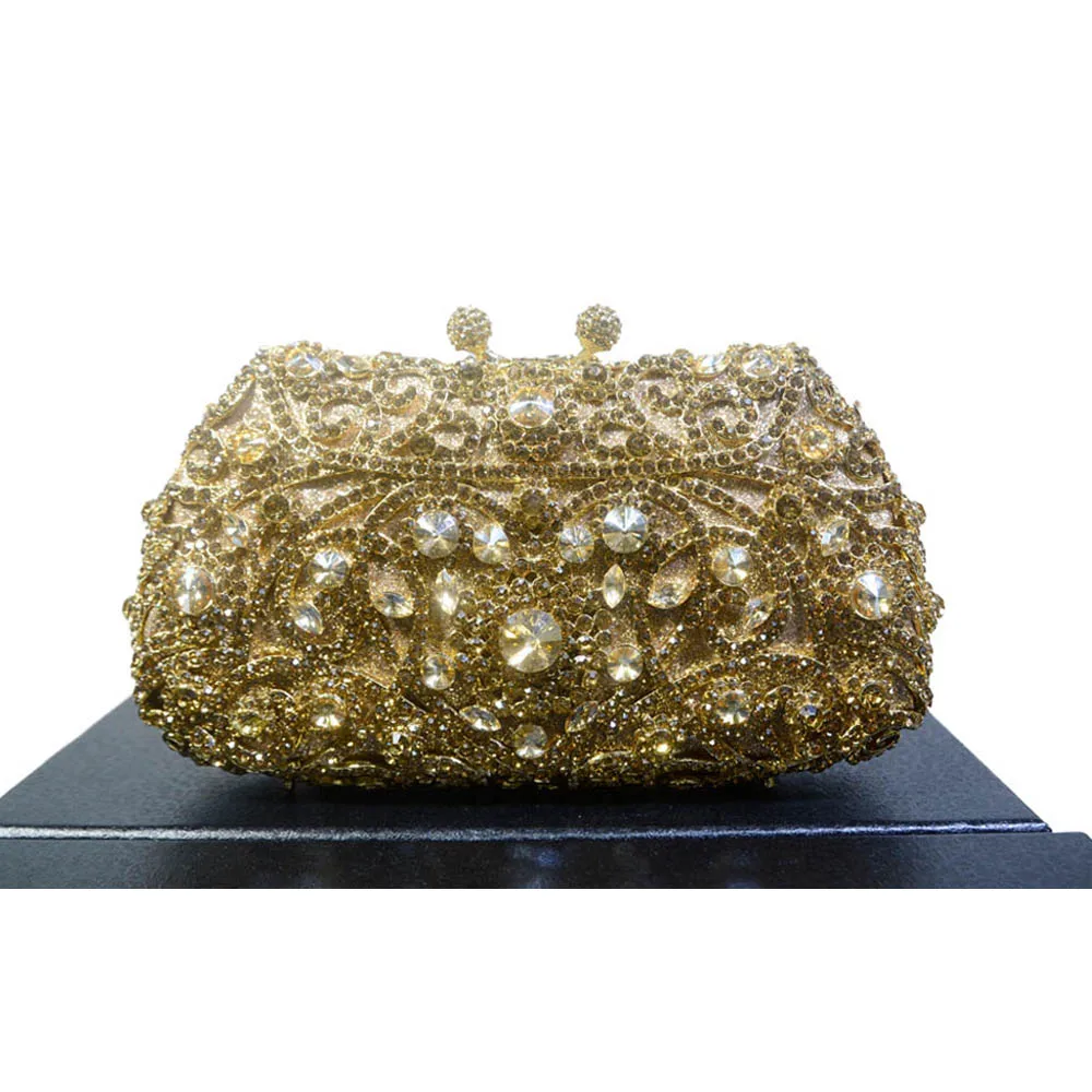 2016 New Unique Diamante Bling Crystal Evening Bag Metallic Gold Diamond Handbag Clutch Purse Pochette Party