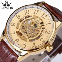 SEWOR Модный Топ бренд Роскошные Золотые Скелет механические часы Для мужчин наручные часы кожаный ремешок спортивные часы для Для мужчин