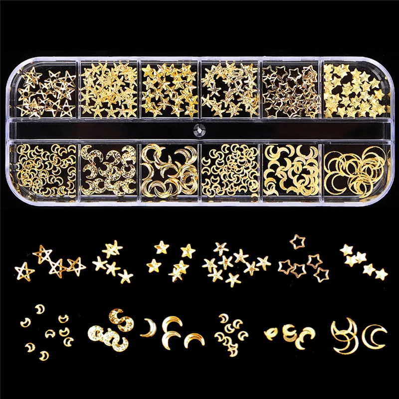 

12 Grid 3D Nail Art Decoration Gold Star Moon Decor Mix Beads AB Sequins Shiny Glitter Charm Gem Manicure Accessories #288844