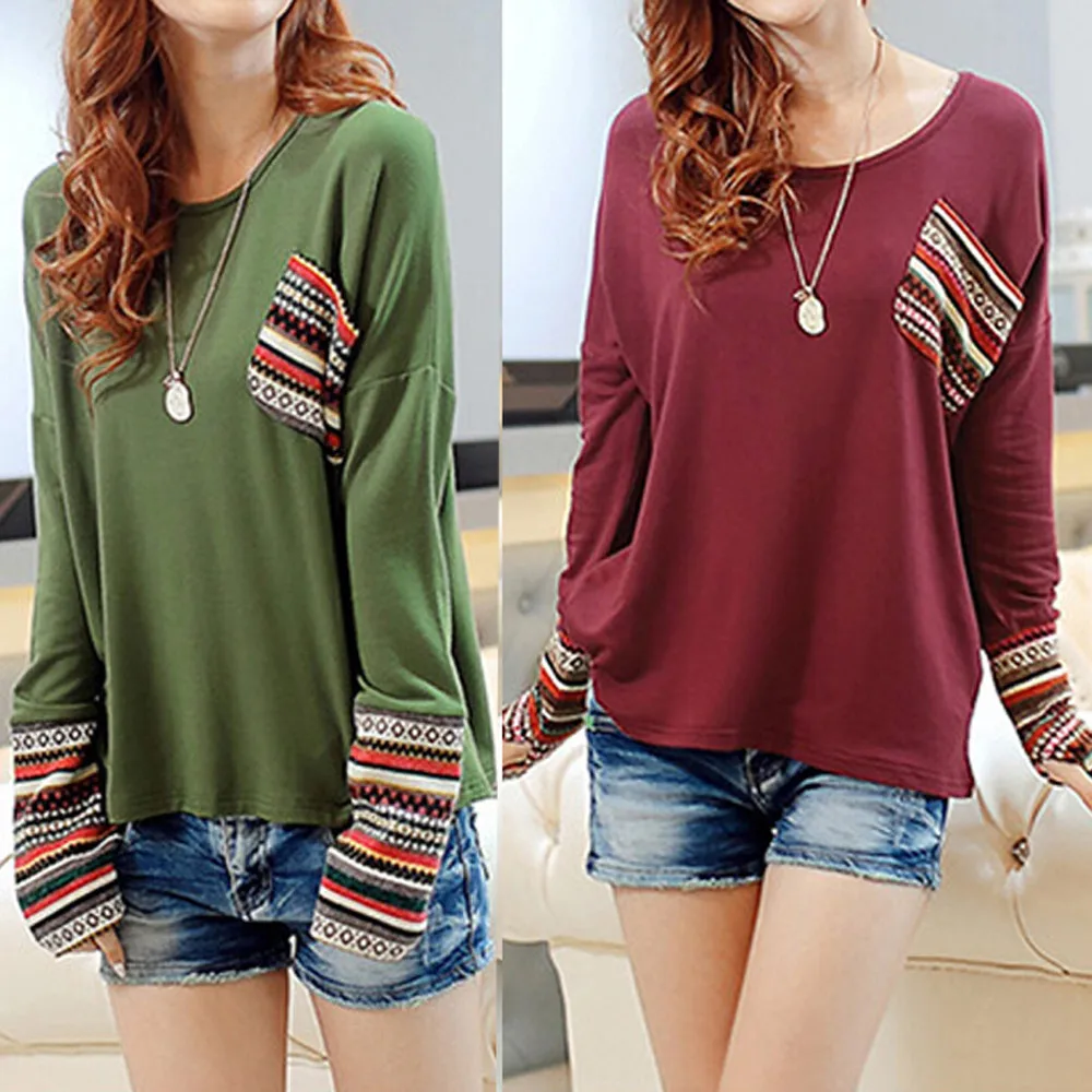 

Womens Long Sleeve Round Neck Fit Loose solid color Checked Loose Shirt Tops roupas femininas#28