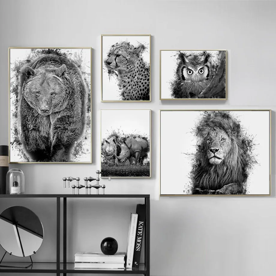 

Black White Bear Owl Leopard Lion Rhinoceros Nordic Posters And Prints Wall Art Canvas Painting Wall Pictures Living Room Decor