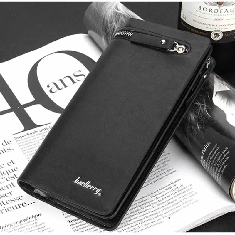 Мужской кошелек, высокое качество, мужской клатч, большая вместительность, сумка для мобильного телефона, из искусственной кожи, на молнии, карман, держатели для карт, мужской кошелек, длинный - Цвет: Black