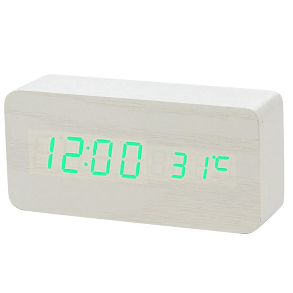 Многоцветный звуковой контроль деревянный прямоугольный светодиодный Будильник Настольный цифровой термометр деревянный USB/AAA отображение даты