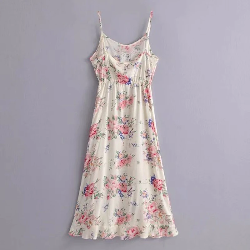 

YSMILE Y Summer Sexy Beach Dress Long Female Cotton Print Rose Camis Sleeveless A-Line Dress Fashion Ruffles Sashes Women Dress