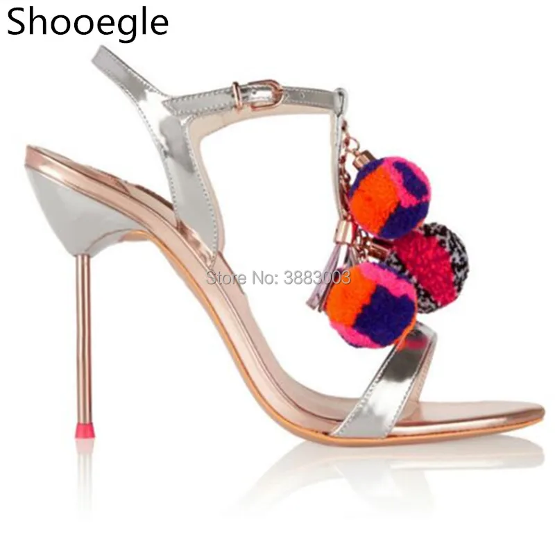 

Top Quality Women Silver Sandals Gladiator Hair ball Pom Shoes Gold Buckle Thin High Heels Zapatos Majur Silver ,Black