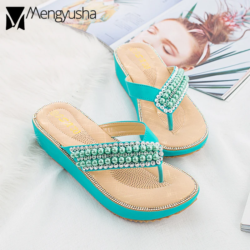 

beading platform flip flops woman summer clip toe sandals beach shoes women brand design wedges sandals breathable sandalias