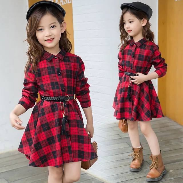 Vestido camisero a cuadros de manga larga para chicas, elegante, informal, con cinturón, a la moda, para adolescentes de 4, 5, 6, 7, 8, 9, 10, 11, 12 y 13 años, 2018 Vestido camisero a cuadros de manga larga para chicas, elegante, informal, con cinturón, a la moda, para adolescentes de 4, 5, 6, 7, 8, 9, 10, 11, 12 y 13 años, 2018